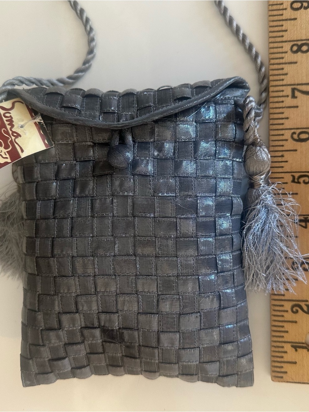 Silver Silk Crossbody Bag Basket Weave Rope Strap Tassle Evening Cocktail NWT - Picture 9 of 9